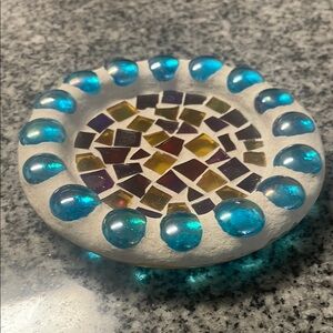 Mosaic Glass Art Candle Holder with Blue Accents